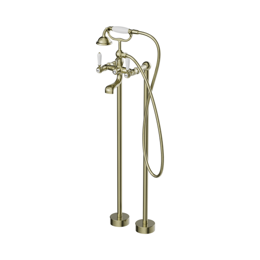 York Freestanding Bath Set With White Porcelain Hand Shower Aged Brass
