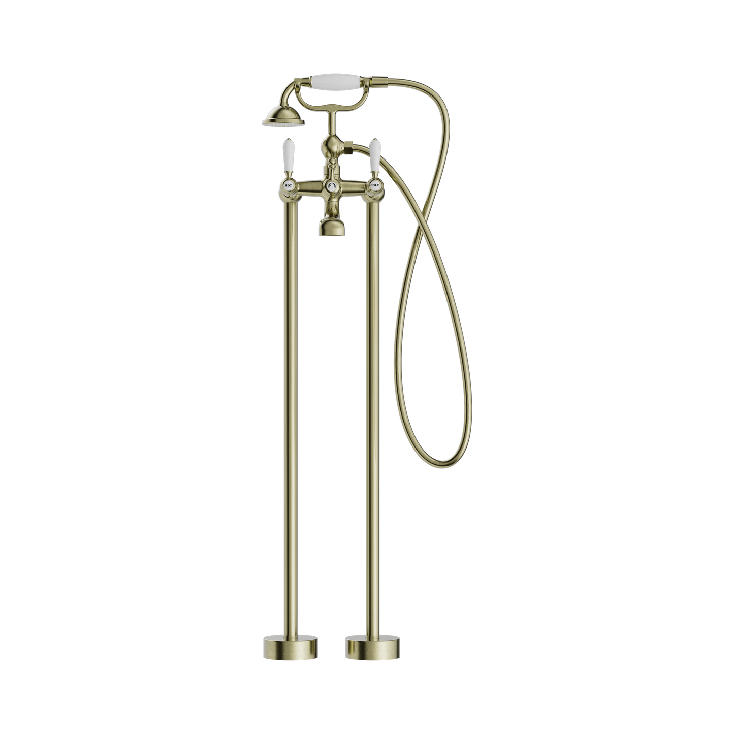 York Freestanding Bath Set With White Porcelain Hand Shower Aged Brass