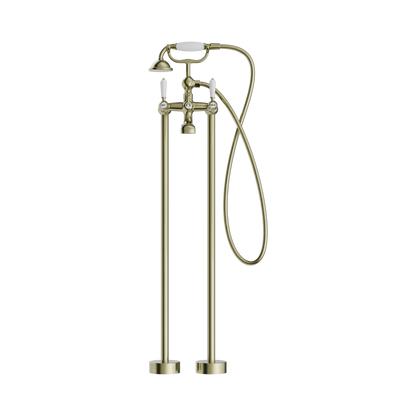 York Freestanding Bath Set With White Porcelain Hand Shower Aged Brass