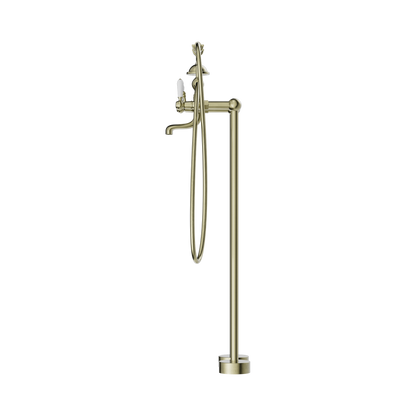 York Freestanding Bath Set With White Porcelain Hand Shower Aged Brass