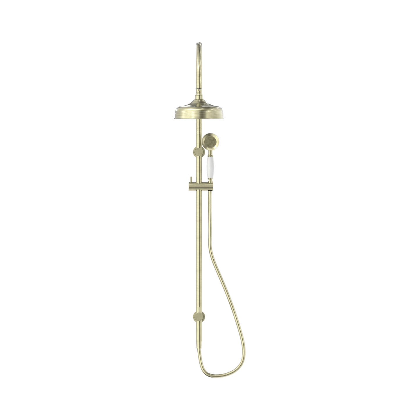 York Twin Shower With White Porcelain Hand Shower Aged Brass