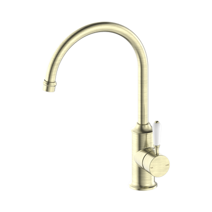 York Kitchen Mixer Gooseneck Spout With White Porcelain Lever Aged Brass