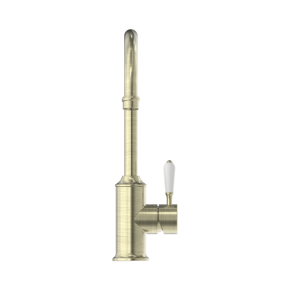 York Kitchen Mixer Gooseneck Spout With White Porcelain Lever Aged Brass