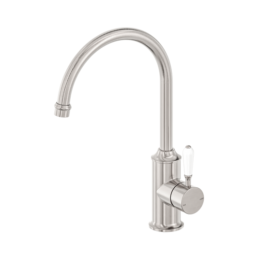 York Kitchen Mixer Gooseneck Spout With White Porcelain Lever Brushed Nickel