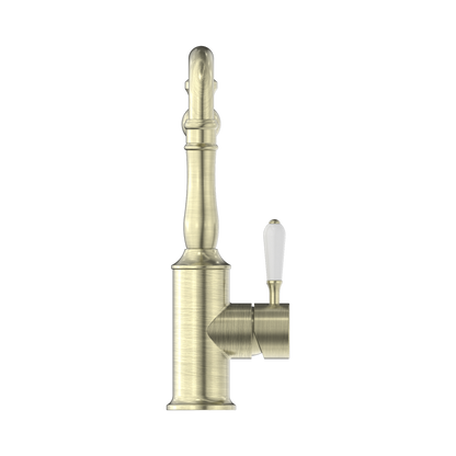 York Kitchen Mixer Hook Spout With White Porcelain Lever Aged Brass