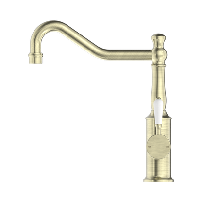 York Kitchen Mixer Hook Spout With White Porcelain Lever Aged Brass