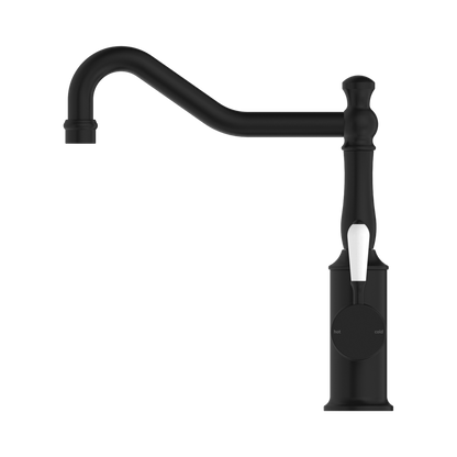 York Kitchen Mixer Hook Spout With White Porcelain Lever Matte Black
