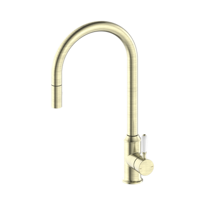 York Pull Out Sink Mixer With Vegie Spray Function With White Porcelain Lever Aged Brass