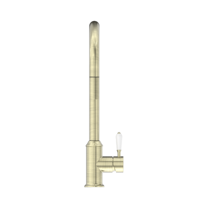 York Pull Out Sink Mixer With Vegie Spray Function With White Porcelain Lever Aged Brass