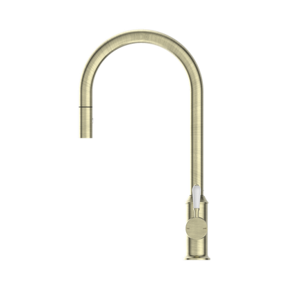 York Pull Out Sink Mixer With Vegie Spray Function With White Porcelain Lever Aged Brass