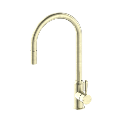 York Pull Out Sink Mixer With Vegie Spray Function With Metal Lever Aged Brass