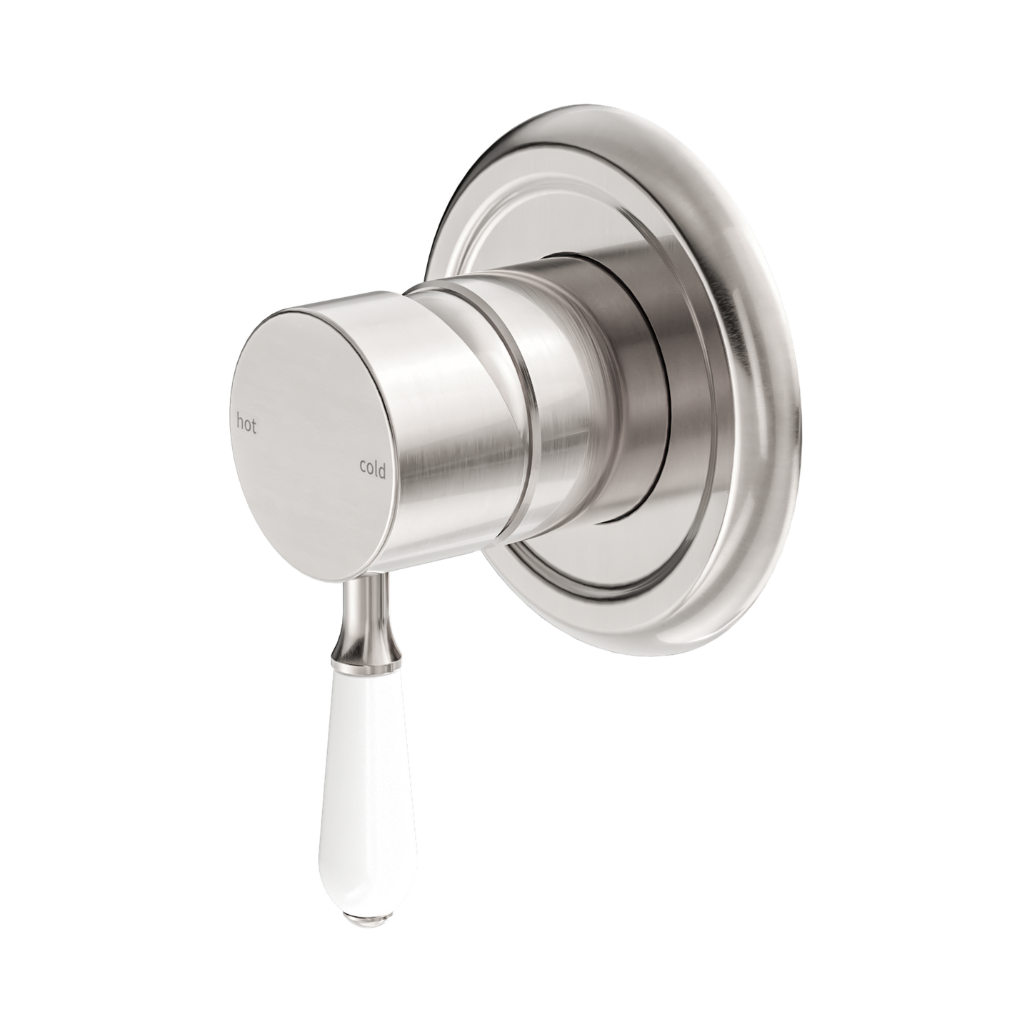 York Shower Mixer With White Porcelain Lever Brushed Nickel