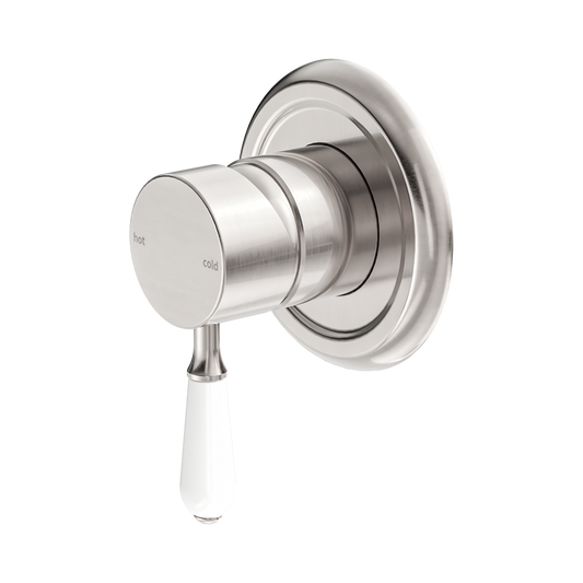 York Shower Mixer With White Porcelain Lever Brushed Nickel