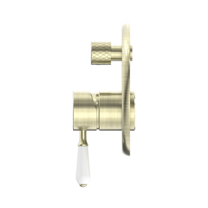 York Shower Mixer With Diverter With White Porcelain Lever Aged Brass