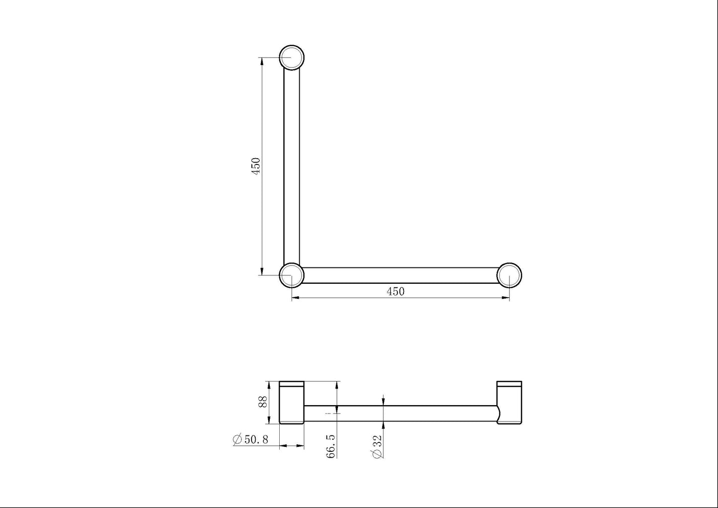 Nero Mecca Care 32mm Ambulant Toilet Grab Rail 90 Degree 450X450mm Brushed