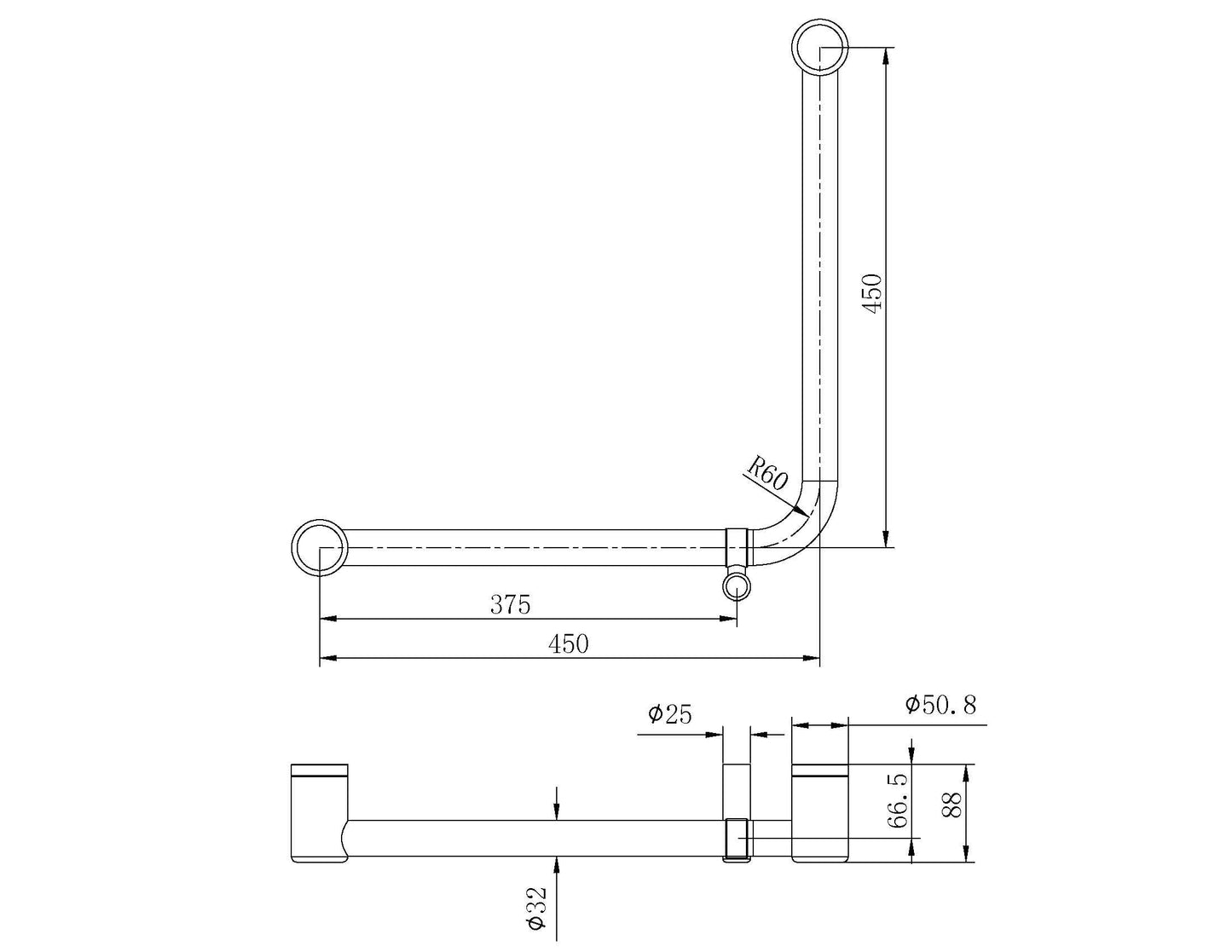 Nero Mecca Care 32mm Ambulant 90 Degree Bent Tube Grab Rail 450X450mm