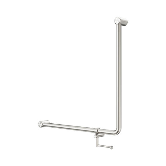 Mecca Care 32mm 90 Degree NZ4121 Accessible Toilet Grab Rail 750X750mm With Toilet Roll Holder Brushed Nickel