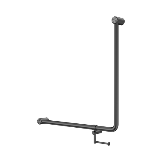 Mecca Care 32mm 90 Degree NZ4121 Accessible Toilet Grab Rail 750X750mm With Toilet Roll Holder Gun Metal