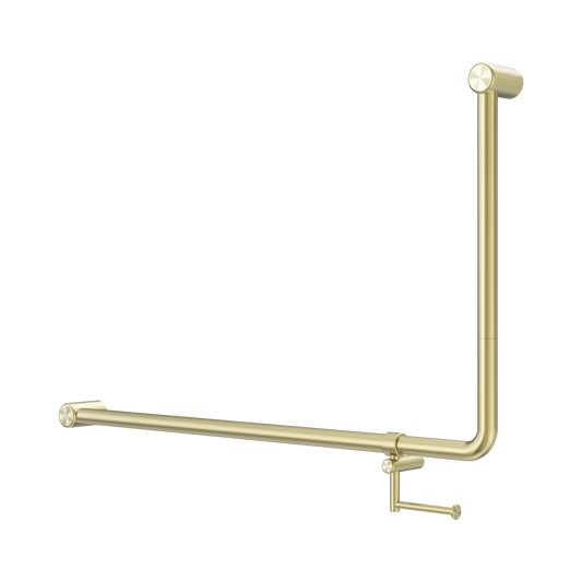 Mecca Care 32mm DDA Accessible Toilet 90 Degree Bent Tube Grab Rail 600X1000mm With Toilet Roll Holder Brushed Gold