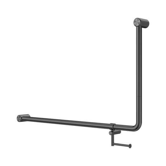 Mecca Care 32mm DDA Accessible Toilet 90 Degree Bent Tube Grab Rail 600X1000mm With Toilet Roll Holder Gun Metal