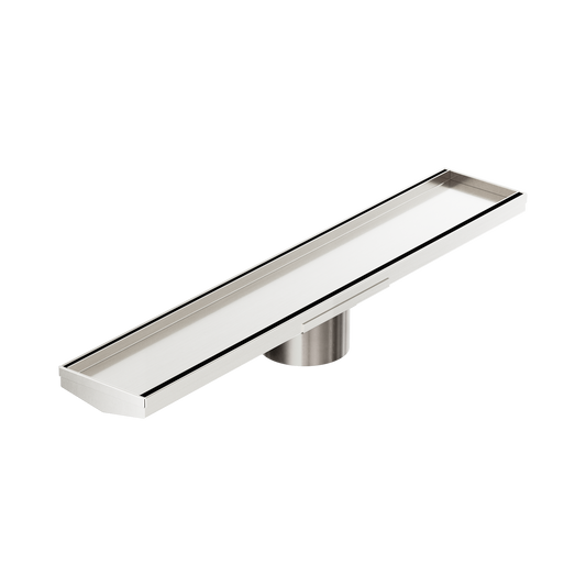 Tile Insert V Channel 600x106mm Floor Grate 90mm Outlet Brushed Nickel