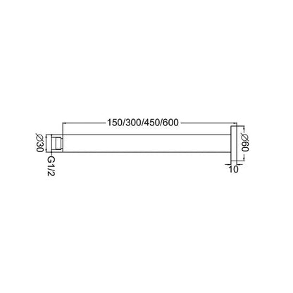 Nero Square Ceiling Mounted Shower Arms, Various Lengths Chrome