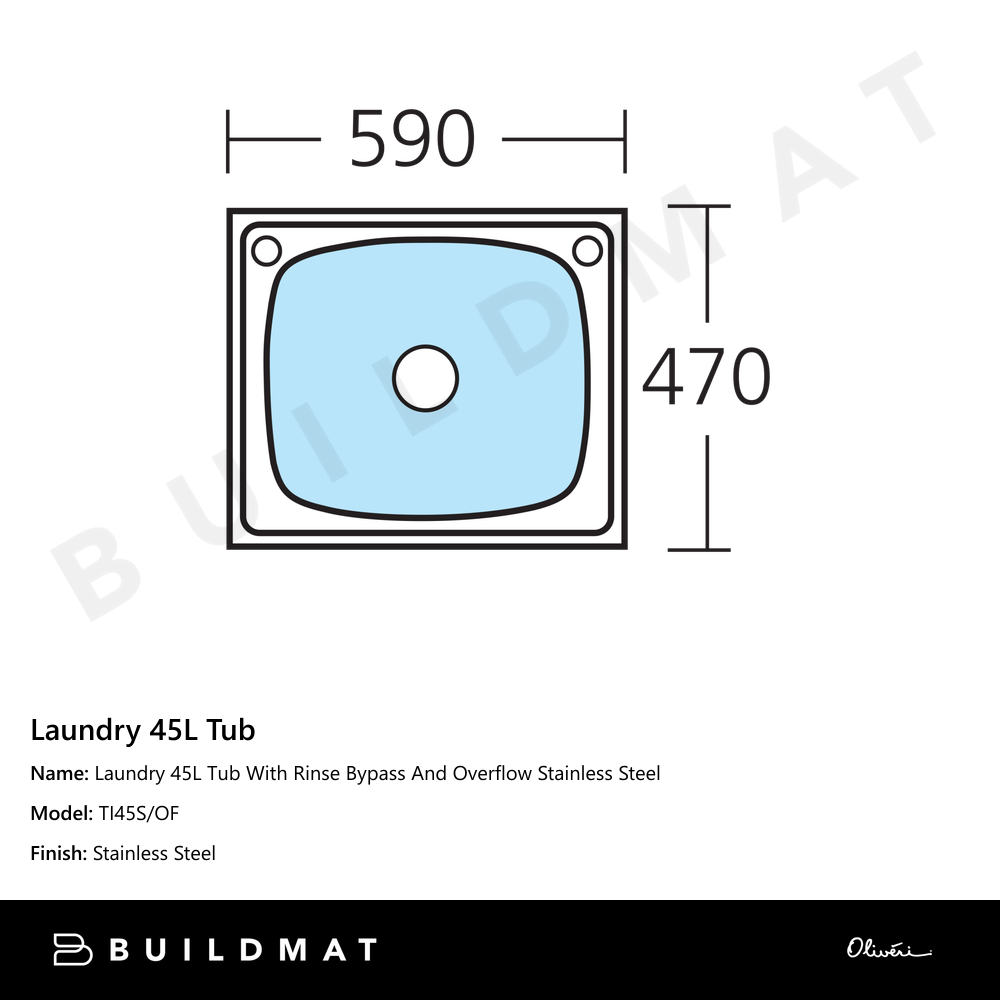 Oliveri Laundry 45L Tub With Rinse Bypass And Overflow Stainless Steel