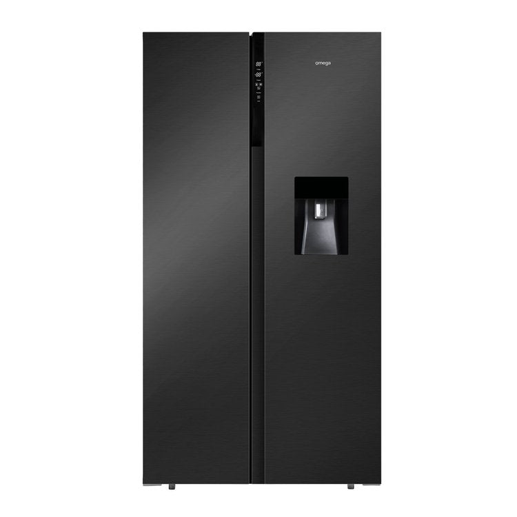 Omega  582L Side by Side Counter-Depth Fridge with Water Dispenser, Black Steel