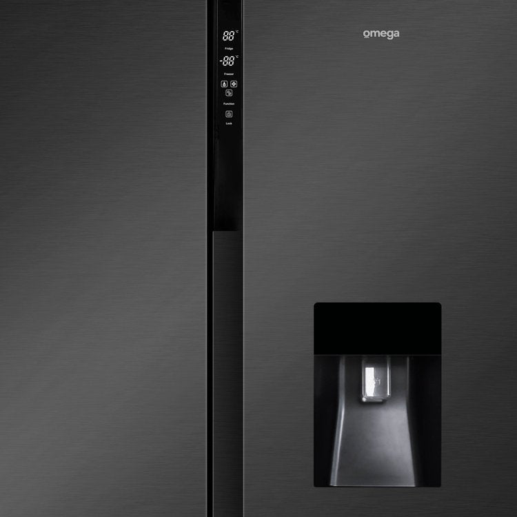 Omega  582L Side by Side Counter-Depth Fridge with Water Dispenser, Black Steel
