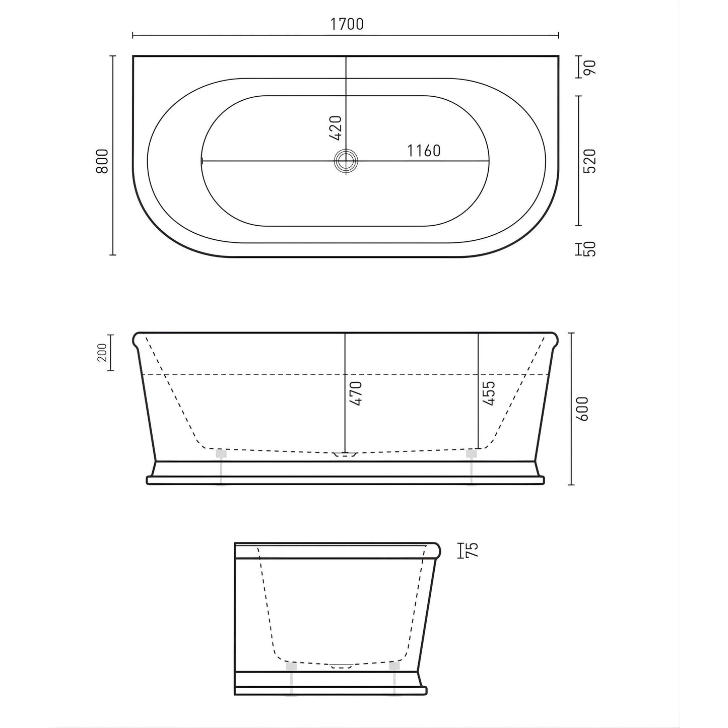 DECINA OXFORD BACK-TO-WALL FREESTANDING BATH  1700MM