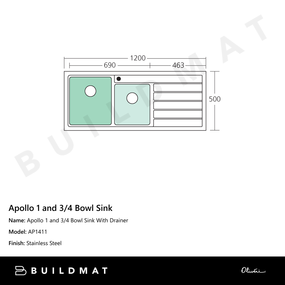 Oliveri Apollo 1 And 3/4 Bowl Sink With Right Drainboard Stainless Steel