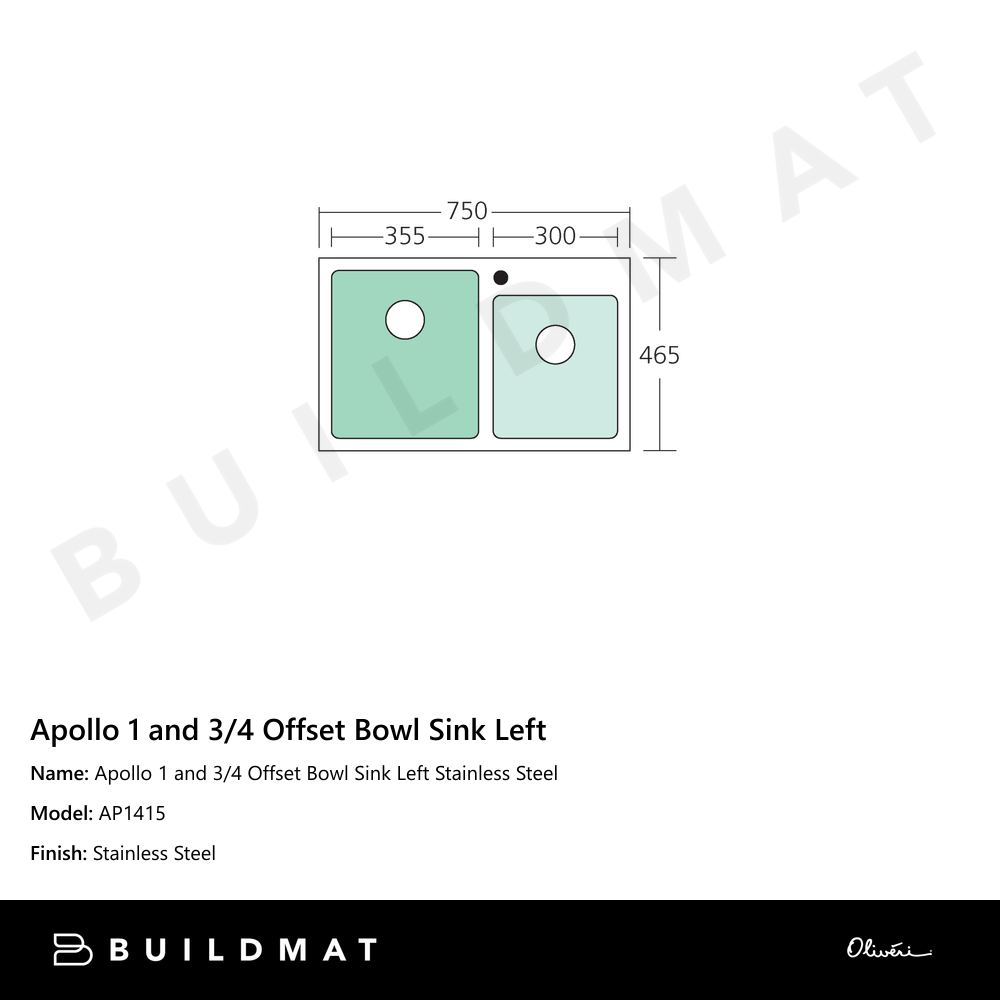 Oliveri Apollo 1 And 3/4 Left Offset Bowl Sink Stainless Steel