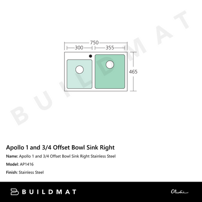 Oliveri Apollo 1 And 3/4 Right Offset Bowl Sink Stainless Steel