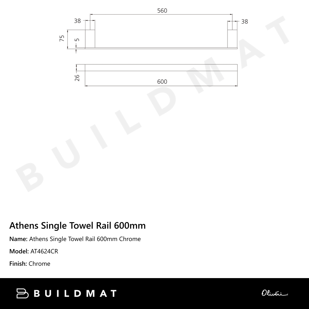 Oliveri Athens Single Towel Rail 600mm Chrome