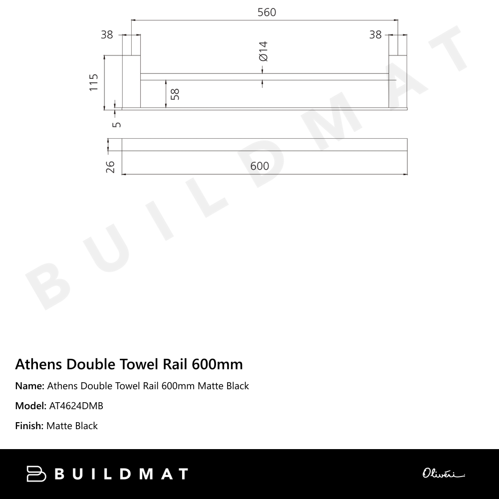 Oliveri Athens Double Towel Rail 600mm Matte Black