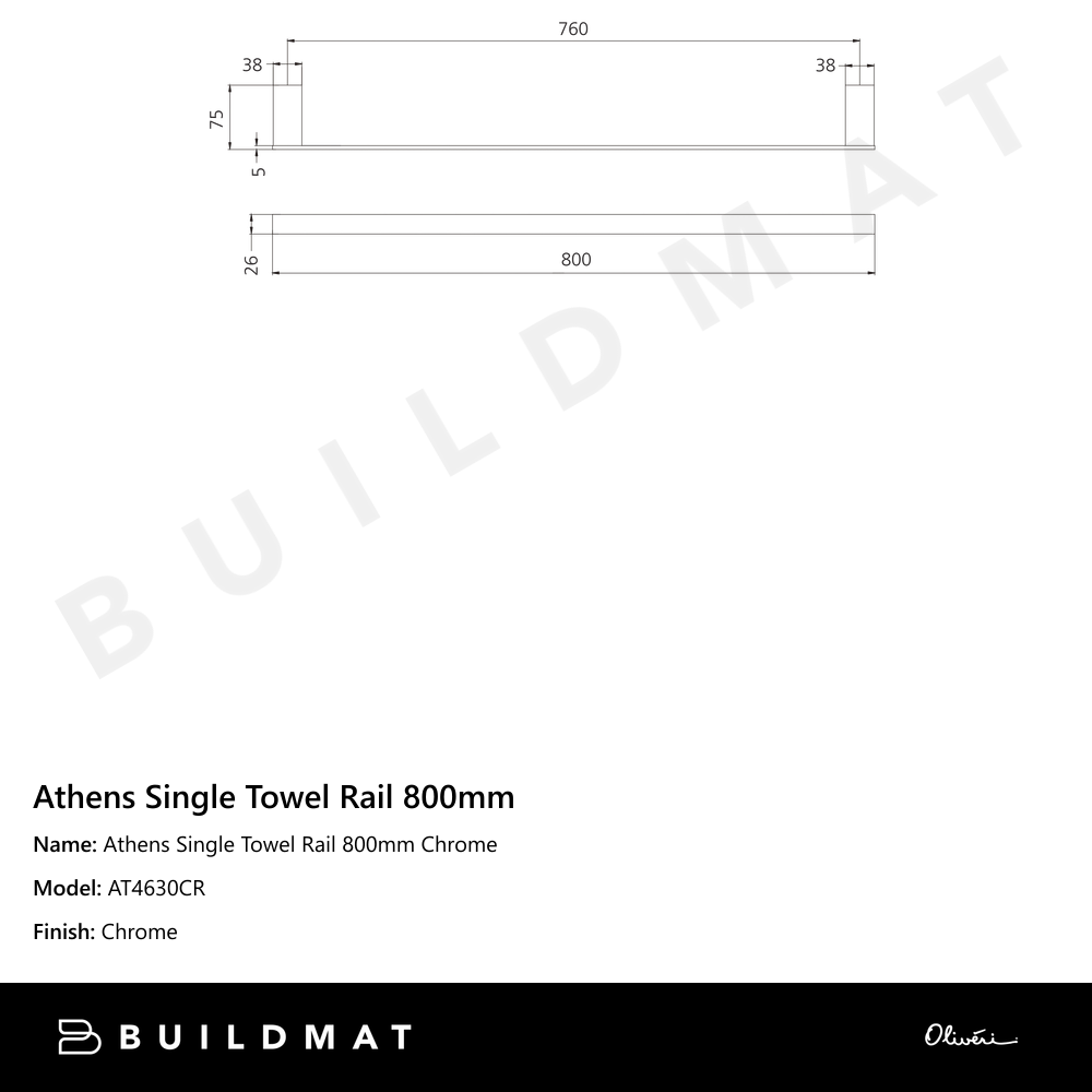 Oliveri Athens Single Towel Rail 800mm Chrome