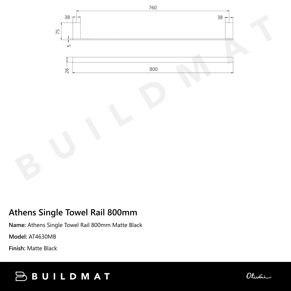 Oliveri Athens Single Towel Rail 800mm Matte Black