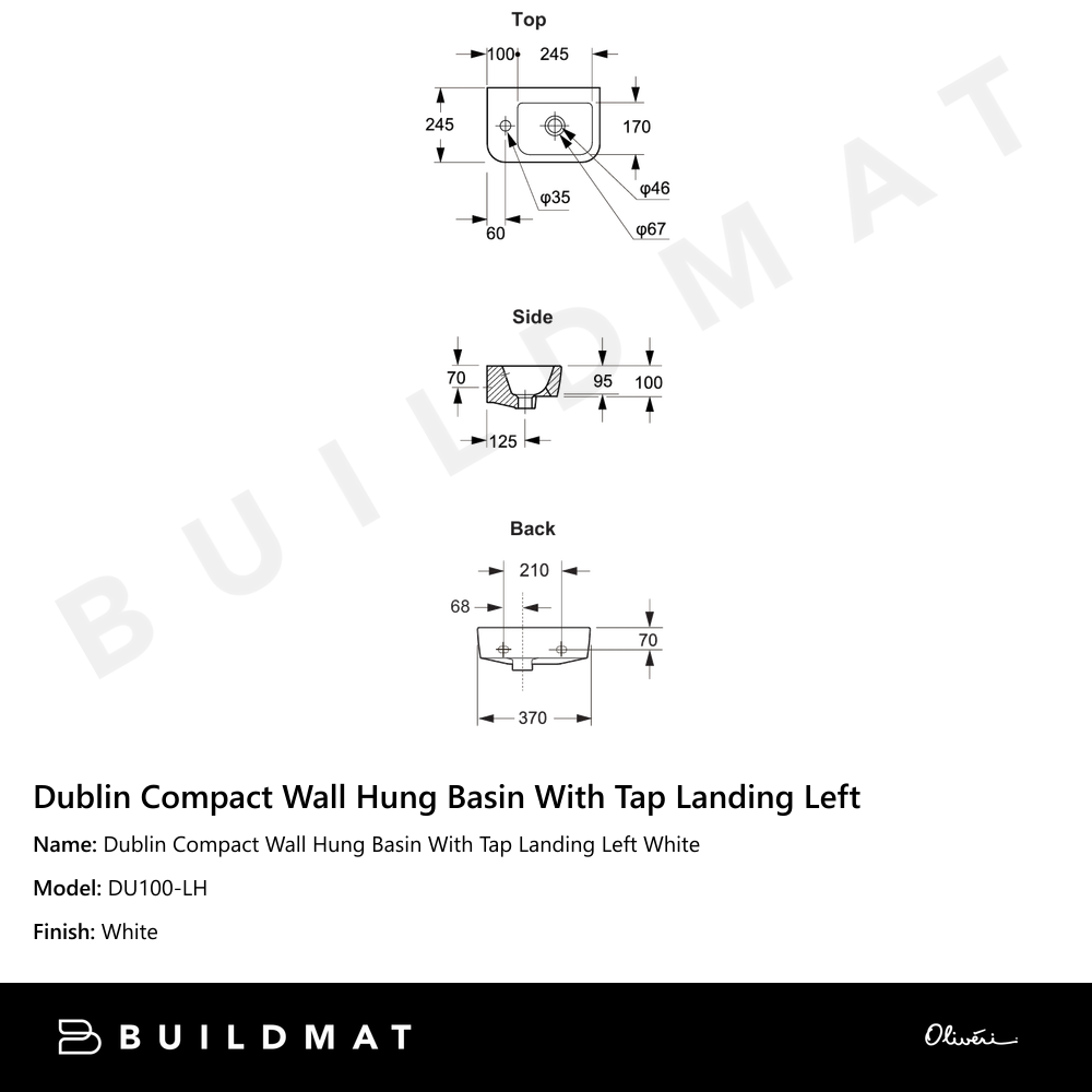 Oliveri Dublin Compact Wall Hung Basin with 1 Taphole (Left) White