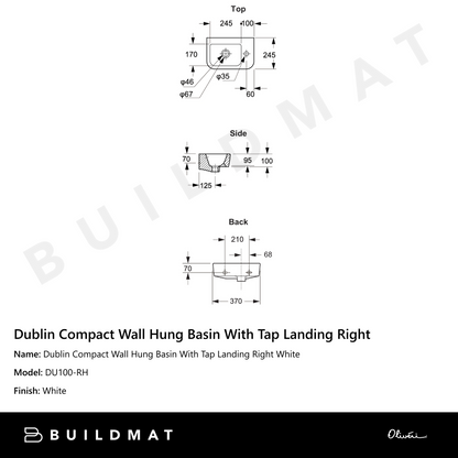 Oliveri Dublin Compact Wall Hung Basin with 1 Taphole (Right) White