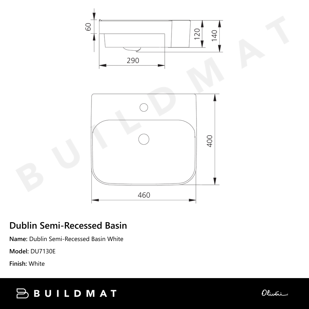 Oliveri Dublin Semi-Recessed Basin with 1 Taphole White