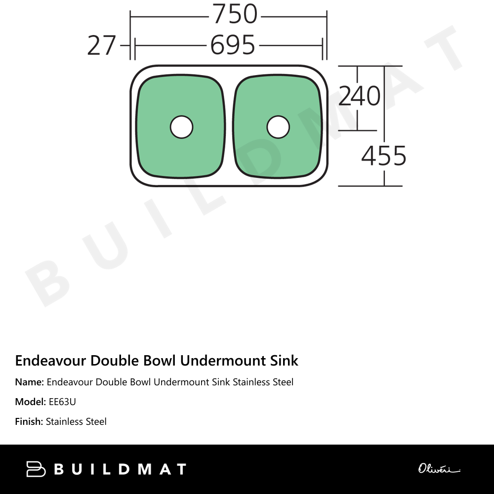 Oliveri Endeavour Double Bowl Undermount Sink Stainless Steel