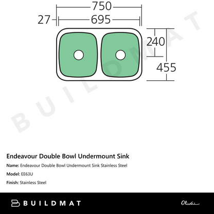 Oliveri Endeavour Double Bowl Undermount Sink Stainless Steel