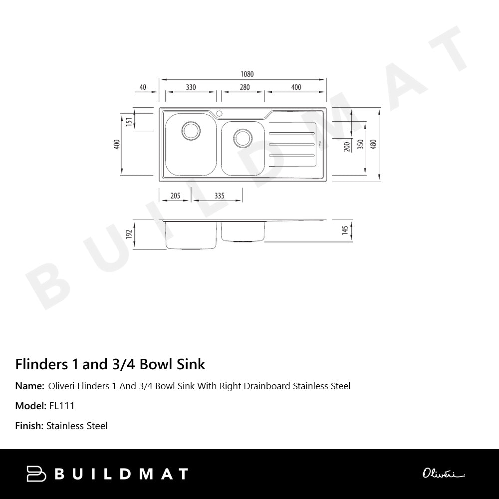 Oliveri Flinders 1 And 3/4 Bowl Sink With Right Drainboard Stainless Steel