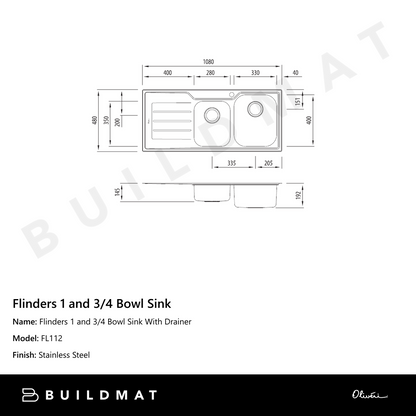 Oliveri Flinders 1 And 3/4 Bowl Sink With Left Drainboard Stainless Steel