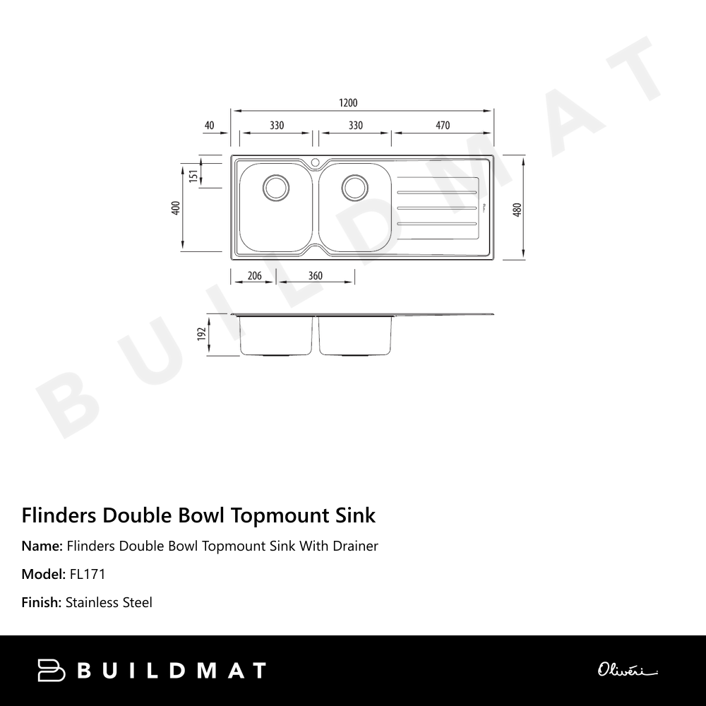 Oliveri Flinders Double Bowl Topmount Sink With Right Drainboard Stainless Steel