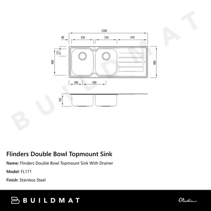 Oliveri Flinders Double Bowl Topmount Sink With Right Drainboard Stainless Steel