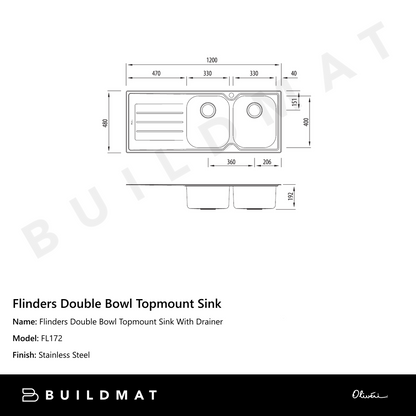 Oliveri Flinders Double Bowl Topmount Sink With Left Drainboard Stainless Steel