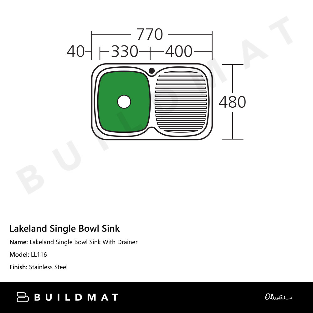 Oliveri Lakeland Single Bowl Sink With Right Drainboard Stainless Steel