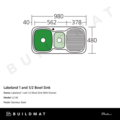 Oliveri Lakeland 1 And 1/2 Bowl Sink With Right Drainboard Stainless Steel