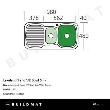 Oliveri Lakeland 1 And 1/2 Bowl Sink With Left Drainboard Stainless Steel